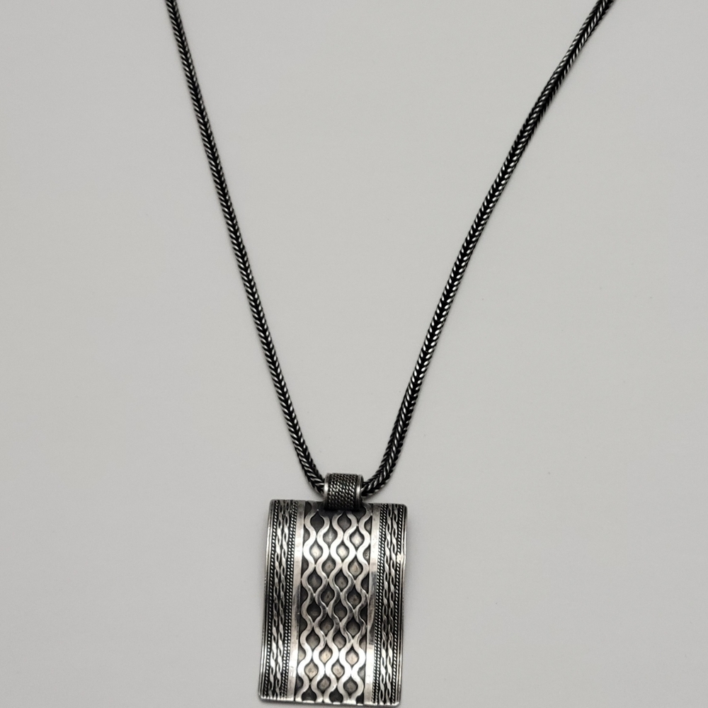 Vintage Sterling Silver 925 Mexico Curved  Pendant Necklace Antiqued Chain